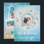Fun Beach Photo Coastal Christmas Wreath Holiday Card<br><div class="desc">Create your own DIY beautiful beach Christmas cards personalized with 3 photos! This unique design illustrated by Raphaela Wilson features a unique watercolor coastal Christmas wreath - beach style with white starfish shells, blue holiday tree bulbs; white rustic string lights, golden sand and peaceful ocean waves... All the beach style...</div>
