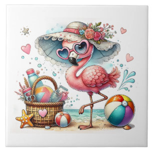 Fun beach pink flamingo  tile
