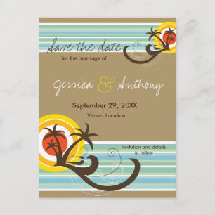 Fun Beach Tropical Sunset Palm Trees Save The Date Announcement Postcard