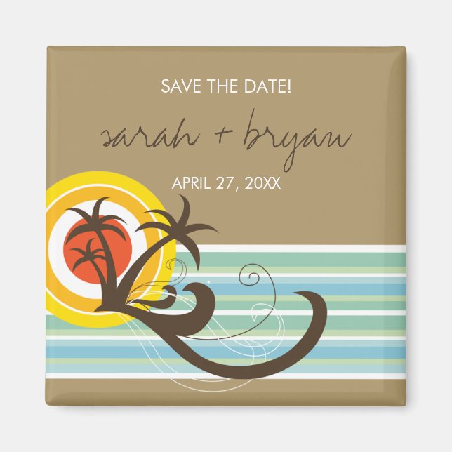 Fun Beach Tropical Sunset Palm Trees Save The Date Magnet (Front)