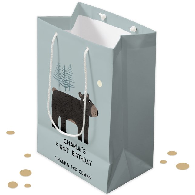 Fun Bear Personalized Age Birthday Medium Gift Bag (Cute bear woodland forest animal personalized kid child birthday age custom text gift bag)