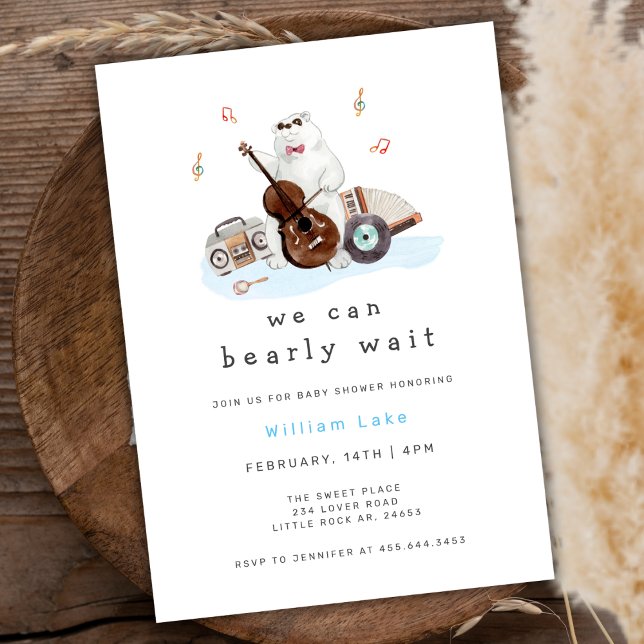 Fun Bearly Wait Musician Polar Bear Baby Shower  Invitation (Fun Bearly Wait Musician Polar Bear Baby Shower Invitation)