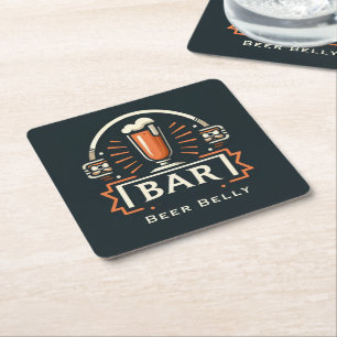 Fun Beer Belly Bar, Beer Mug Logo  Square Paper Coaster