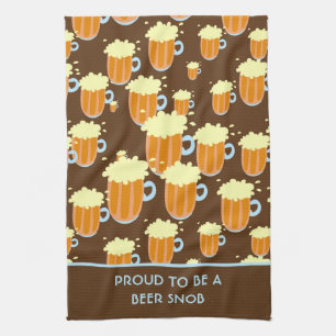 Fun Beer Snob Pattern on Brown and Blue Kitchen Towel