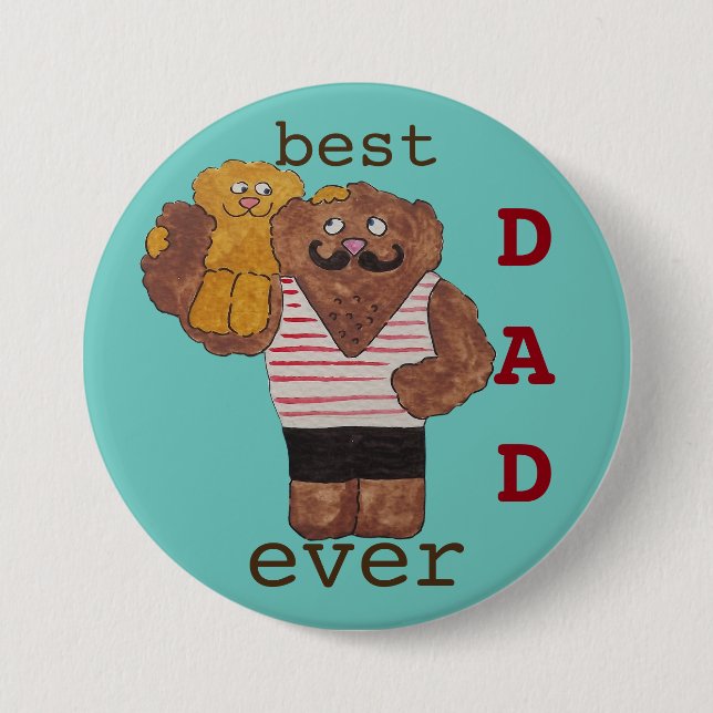 Fun Best Dad Ever Circus Strongman Daddy Bear 3 Inch Round Button (Front)