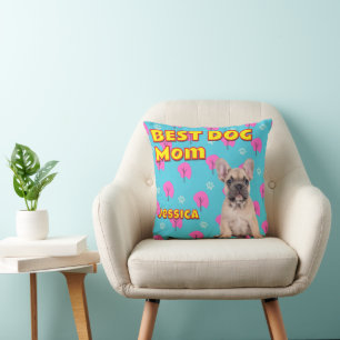 Fun Best Dog Mom Custom Photo Gift Light Blue Pink Throw Pillow