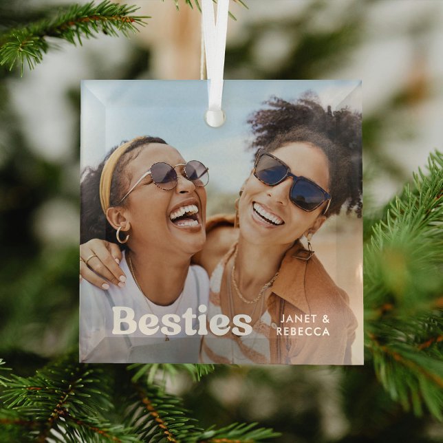 Fun Besties Photo & Name/s Keepsake Gift Glass Ornament (Creator Uploaded)