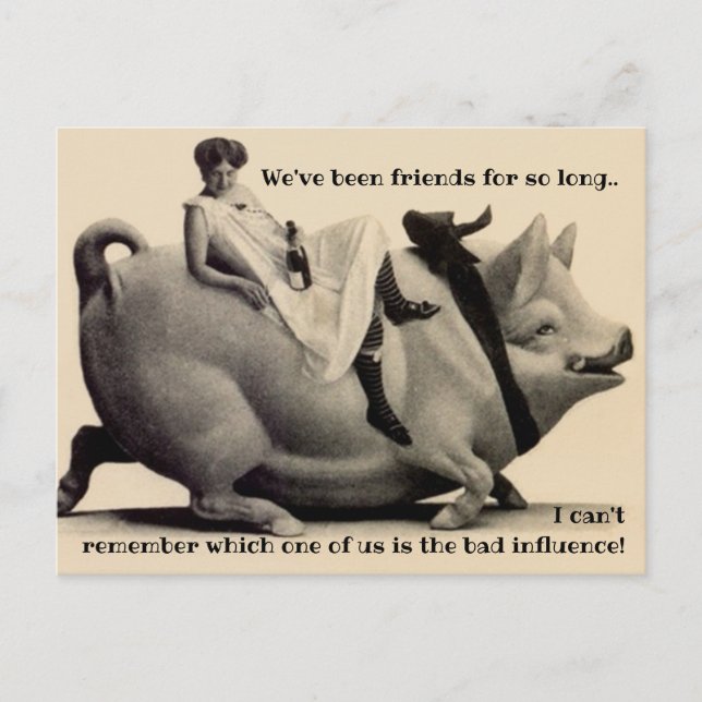 Fun BFF humour friendship laughs pig bottle woman  Postcard (Front)