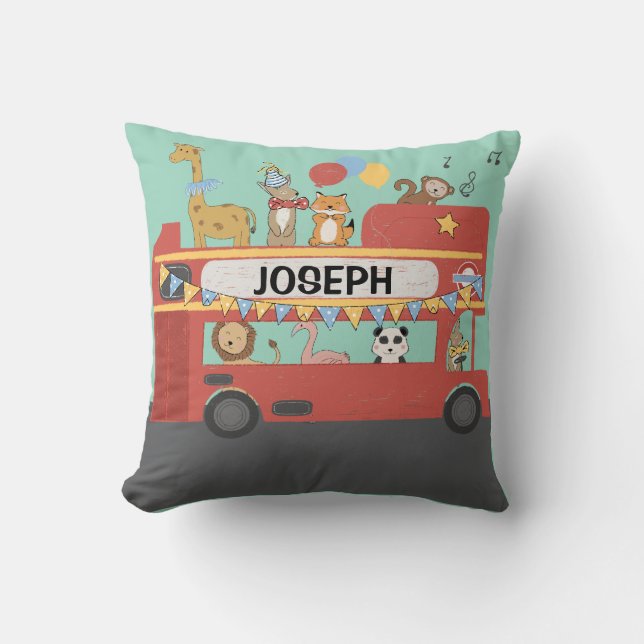 Fun Big Red Bus Customized Throw Pillow (Front)