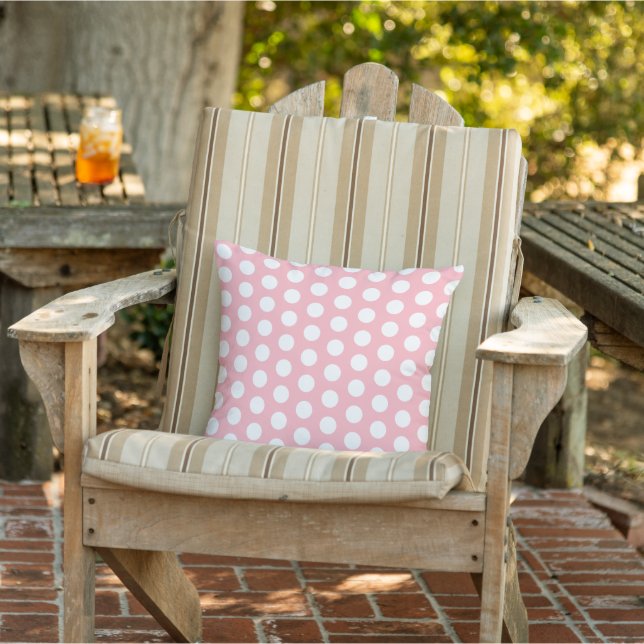 Fun Big White Polka Dots Pattern on Pale Pink Outdoor Pillow (Chair)
