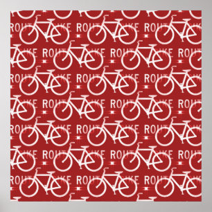 Fun Bike Route Fixie Bicycle Cyclist Pattern Red Poster