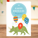 Fun Birthday Balloons Dinosaur Custom Name Age Card<br><div class="desc">Say "Happy Birthday" with this cute personalized greetings card,  featuring a Triceratops dinosaur and birthday balloons! Comes in a colourful palette of red,  green,  yellow,  blue and white,  with a fun freeform polka dot pattern inside. ♦ To add your custom name,  age and message,  click "Personalize this template".</div>