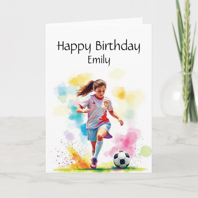 Fun Birthday Custom Name Girls Soccer Player Card (Front)