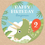 Fun Birthday Dinosaur Triceratops Custom Name Age Classic Round Sticker<br><div class="desc">Celebrate a special birthday with these fun dinosaur stickers! A cute design featuring a little Triceratops and birthday balloon. Personalize the template with your birthday age, and name. Perfect for a young child's birthday including 1st, 2nd, 3rd, 4th, and 5th. These custom stickers are a great addition to gift wrap...</div>
