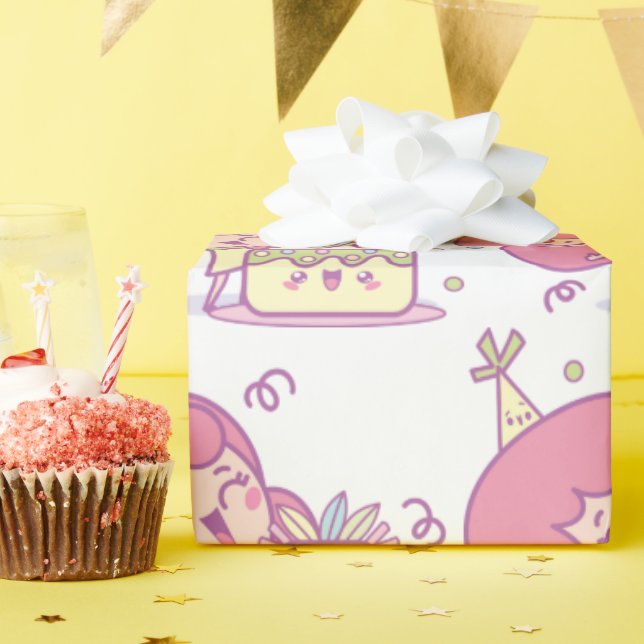 Fun Birthday Gift Wrap Cake & Hat Girl Theme (Birthday Party)