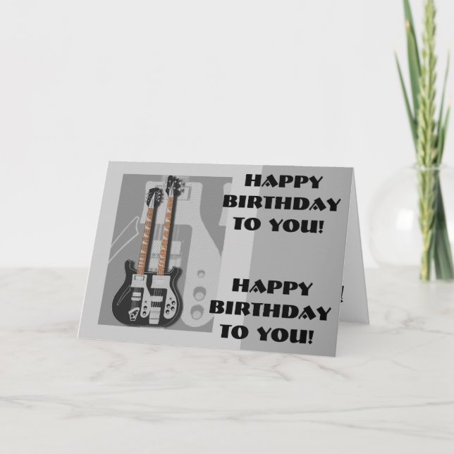 Fun, birthday greeting, black and white guitar. card (Front)