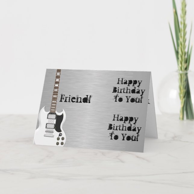 Fun, birthday greeting for a friend, white guitar. card (Front)