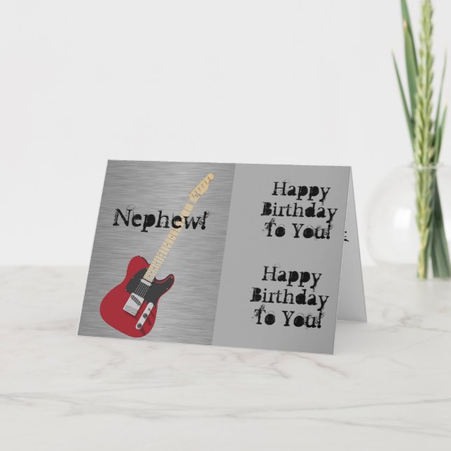 Fun, birthday greeting for nephew, red guitar. card (Front)