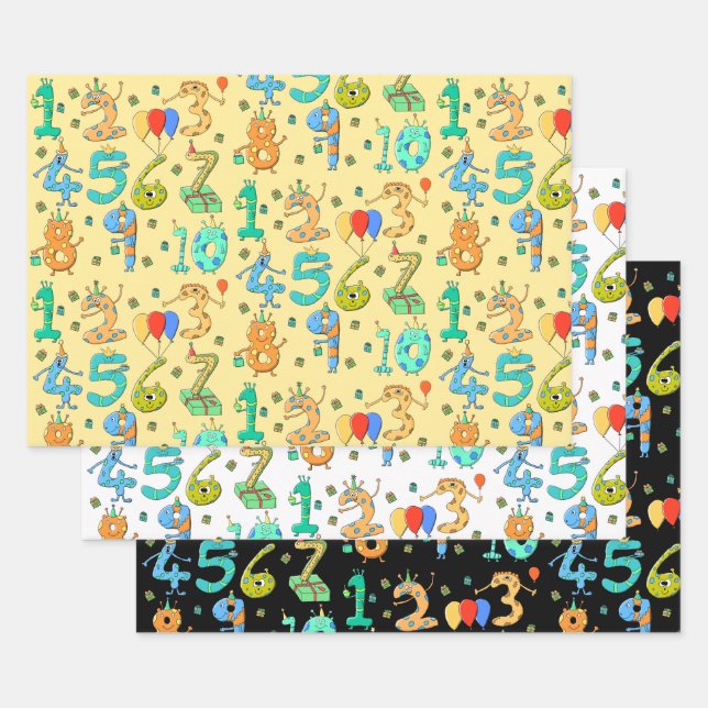 Fun Birthday Party Theme. Cute Cartoon Numbers Wrapping Paper Sheet (Set)