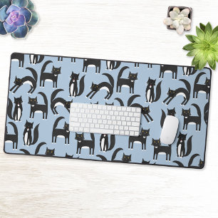 Fun Black and White Tuxedo Cat Pattern Blue Desk Mat