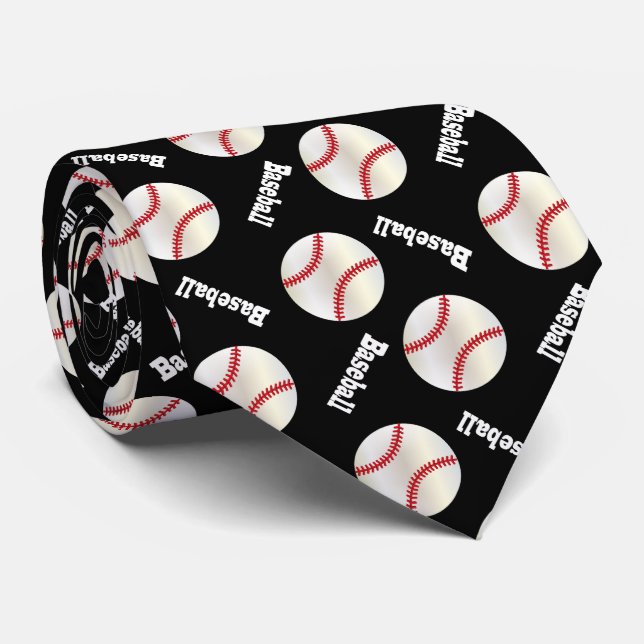 Fun Black Baseball Pattern Tie (Rolled)