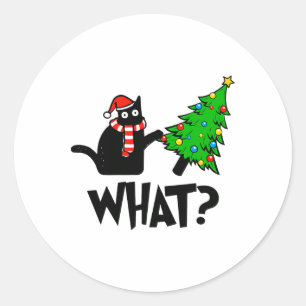 Fun Black Cat Gift Pushing Christmas Tree Over Cat Classic Round Sticker