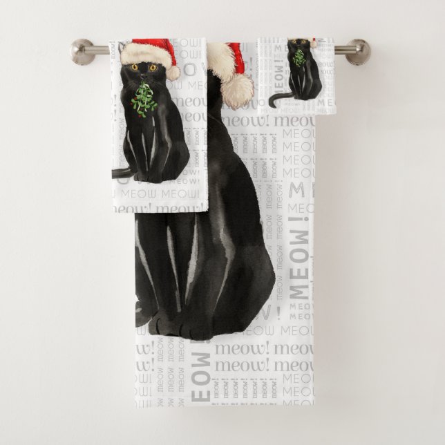 Fun Black Cat in a Santa Hat Holiday Bath Towel Set (Insitu)