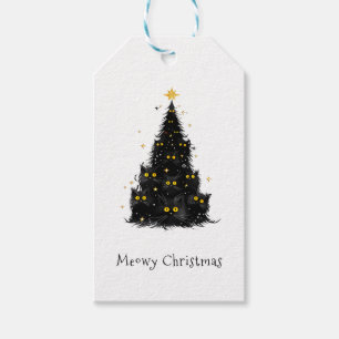 Fun Black Cat Meowy Christmas Tree Gift Tags
