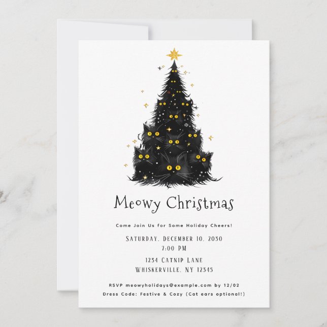 Fun Black Cat Meowy Christmas Tree Invitation (Front)