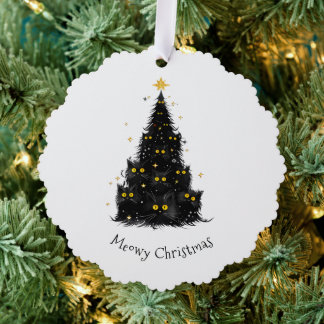 Fun Black Cat Meowy Christmas Tree Ornament Card