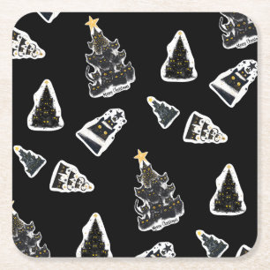 Fun Black Cat Meowy Christmas Tree Square Paper Coaster