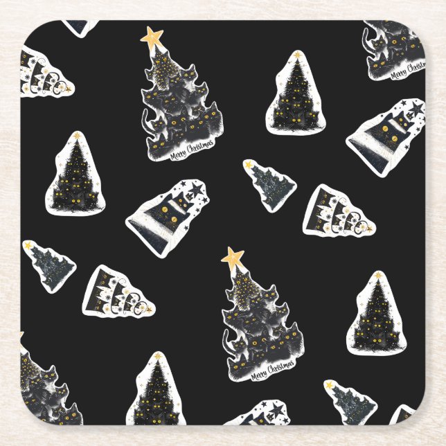 Fun Black Cat Meowy Christmas Tree Square Paper Coaster (Front)