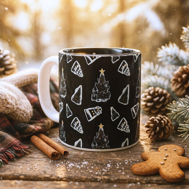 Fun Black Cat Meowy Christmas Tree Two-Tone Coffee Mug (Creator Uploaded)