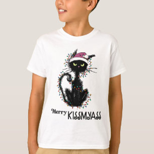 Fun Black Cat Merry Kissmy Xmas Pyjamas Chritsmas T-Shirt
