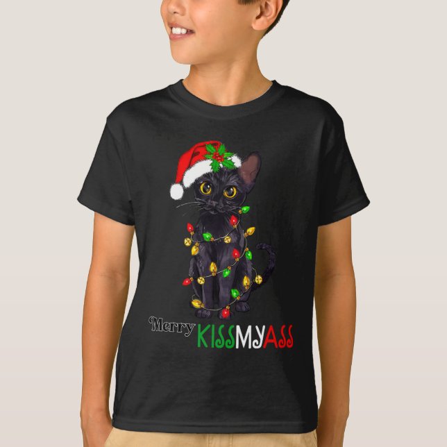 Fun Black Cat Merry Kissmyass Xmas Pyjamas Chritsm T-Shirt (Front)