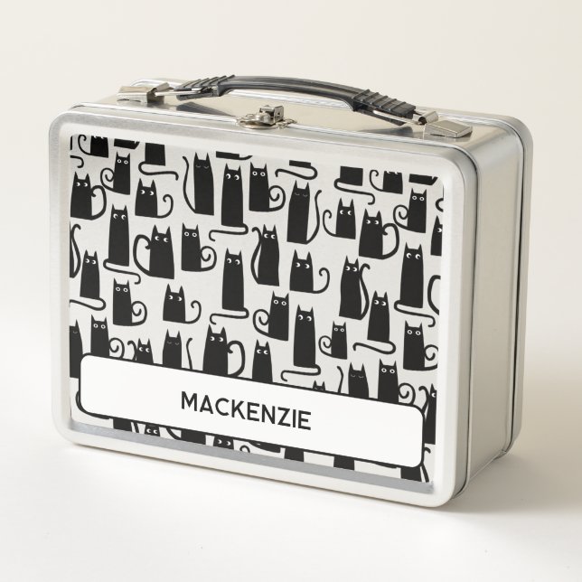 Fun Black Cat Personalized Custom Name Metal Lunch Box (Front)
