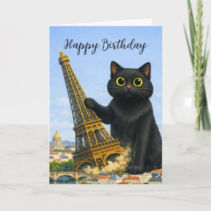 Fun Black Cat Topples Eiffel Tower Happy Birthday Card