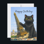 Fun Black Cat Topples Eiffel Tower Happy Birthday Invitation<br><div class="desc">A funny black cat knocks over the Eiffel Tower in Paris themed happy birthday flat card. A great choice for cat lovers and anyone who enjoys quirky art and humourous travel designs. This is a Catsiderata original.</div>