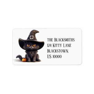 Fun Black Cat with Witches Hat Return  Label