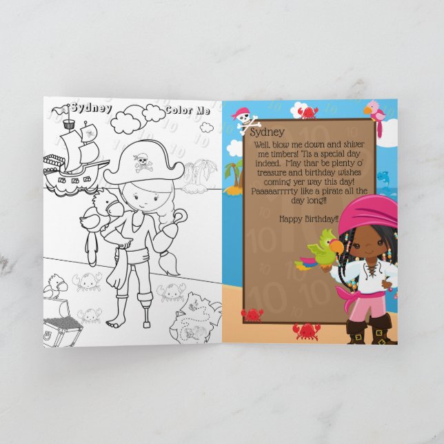 Fun Black Girls Pirate Colour Me Happy Birthday Card (Inside)