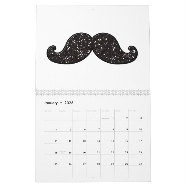 FUN BLACK GLITTER MUSTACHE CALENDAR (Jan 2026)