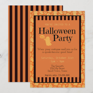 Fun Black Orange Ghost Cute Halloween Party Invitation