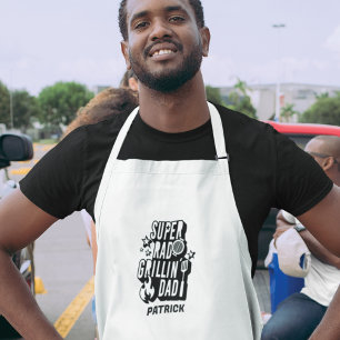 Fun Black Super Rad Grillin' Dad BBQ Custom Name Long Apron