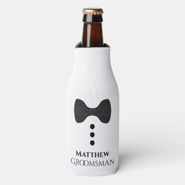 Fun Black Tie Groomsman Wedding Foam Bottle Cooler (Bottle Front)