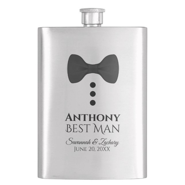 Fun Black Tie Tuxedo Best Man Silver Flask (Front)