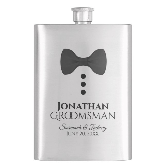 Fun Black Tie Tuxedo Groomsman Silver Flask (Front)