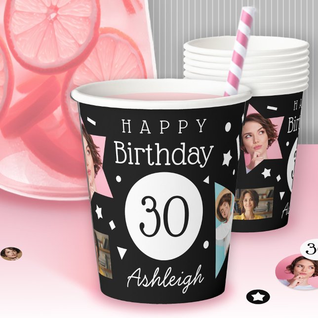 Fun Black White Confetti Photos 30th Birthday  Paper Cups (Creator Uploaded)