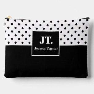 Fun Black White Polka Dot Personalized Name Accessory Pouch