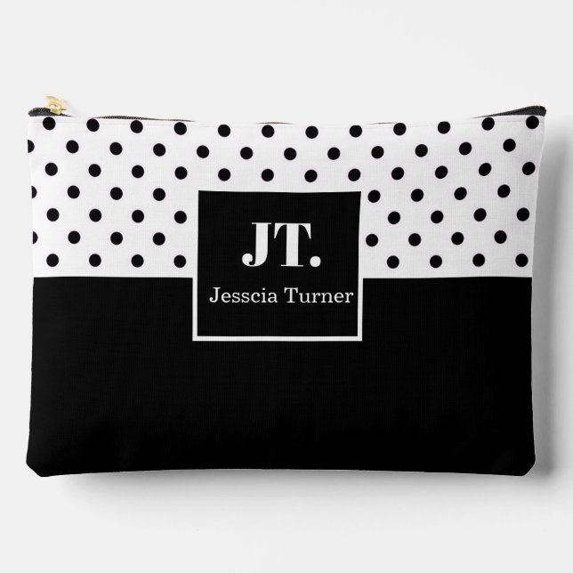 Fun Black White Polka Dot Personalized Name Accessory Pouch (Front)