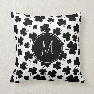 Fun Black & White Shamrock Pattern w/ Monogram Throw Pillow